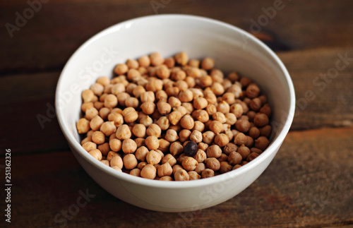 Bowl of chickpeas on wooden table