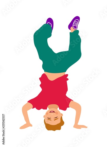 Boy upside down on his hands. Color flat vector illustration