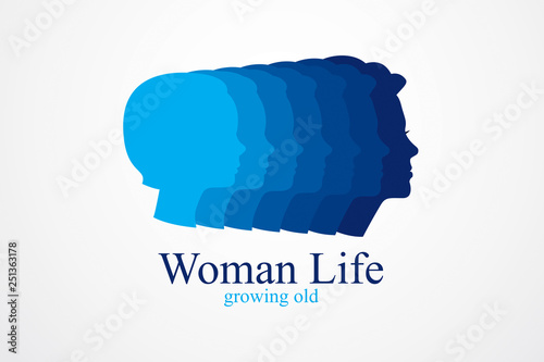 Girl maturation age years concept, adulthood idea, the time of life, periods and cycle of life, growing old, from infancy to maturity. Vector simple classic icon or logo design.