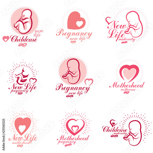 Vector embryo and newborn emblems set isolated on white. New life beginning drawings. Medical rehabilitation and childcare center emblems