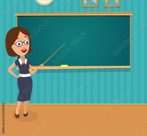 Surprised teacher with open mouth and schoolgirl sitting at a desk turning half-turned.