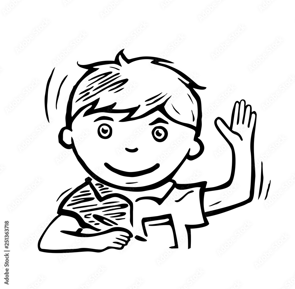 Schoolboy smiled and raised his hand to answer. Vector black illustration. Schoolboy smiled and raised his hand to answer. Vector black illustration.