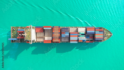 Aerial top view container ship on the sea for logistics, import export, shipping or transportation.