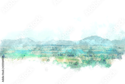Abstract mountain peak in the forest watercolor illustration painting background.