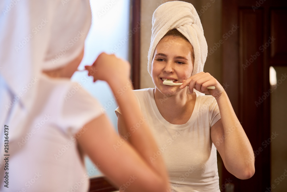 Morning routine in bathroom Morning routine in bathroom