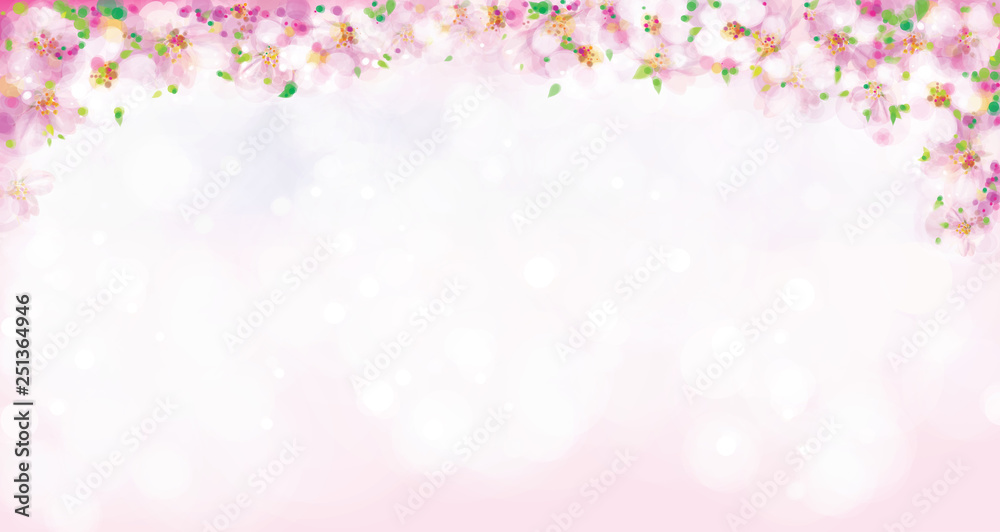 Vector pink, floral border, blossoming sakura tree, bokeh effect. Spring background.