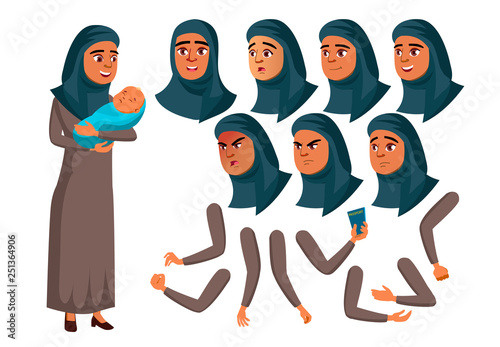 Arab, Muslim Teen Girl Vector. Teenager. Adult People. Mother And Baby. Casual. Fun, Cheerful. Face Emotions, Various Gestures. Animation Creation Set. Isolated Flat Cartoon Character Illustration
