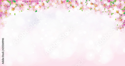 Vector pink, floral border, blossoming sakura tree, bokeh effect. Spring background.