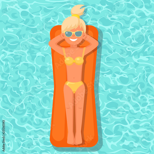 Smile girl swims, tanning on air mattress in swimming pool. Woman floating on toy isolated on water background. Inflatable circle. Summer holiday, vacation, travel time. Vector flat illustration