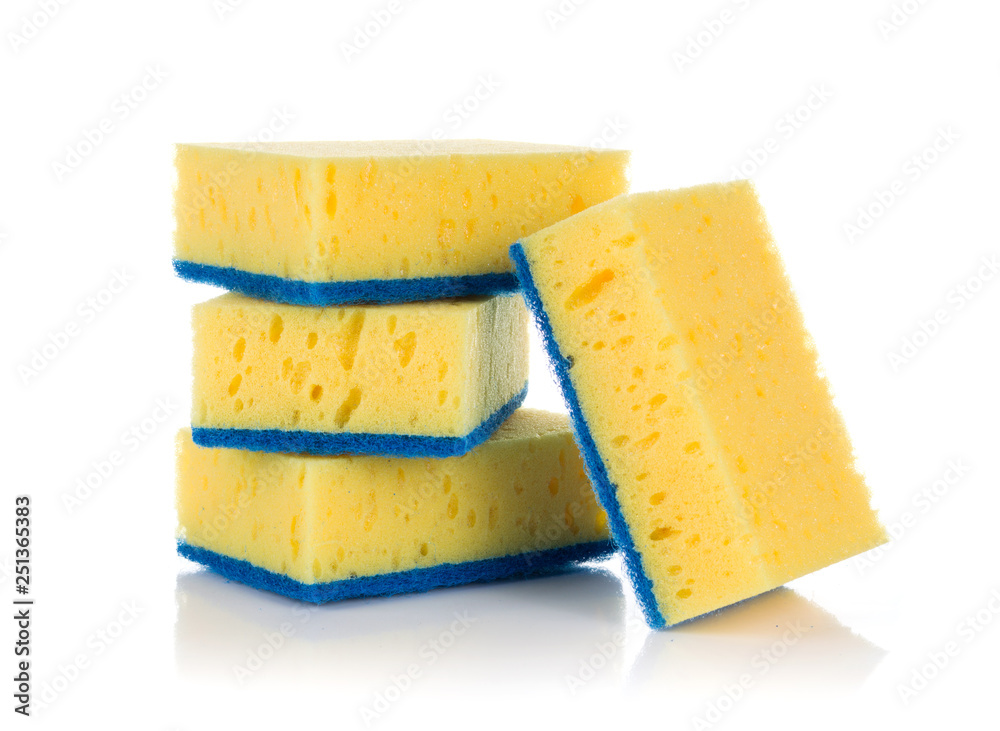 Group of yellow sponges for cleaning ware isolated on white background