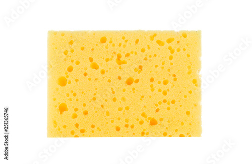 one yellow sponge for cleaning ware isolated on white background