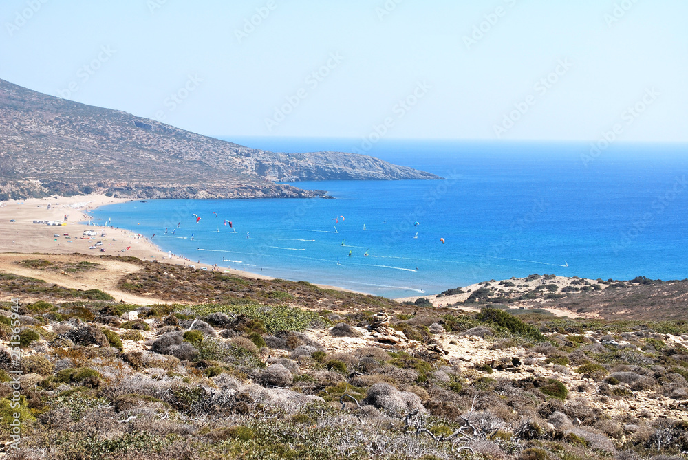 View of the sandy beach between the hills, Prasonisi, Rhodes Island, Greece