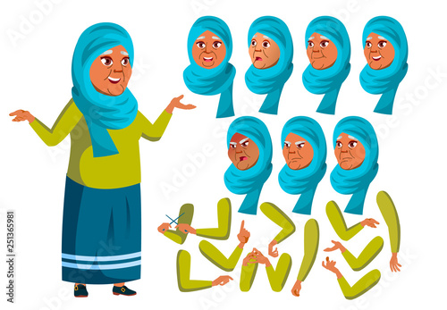 Arab, Muslim Old Woman Vector. Senior Person. Aged, Elderly People. Face Emotions, Various Gestures. Animation Creation Set. Isolated Flat Cartoon Character Illustration