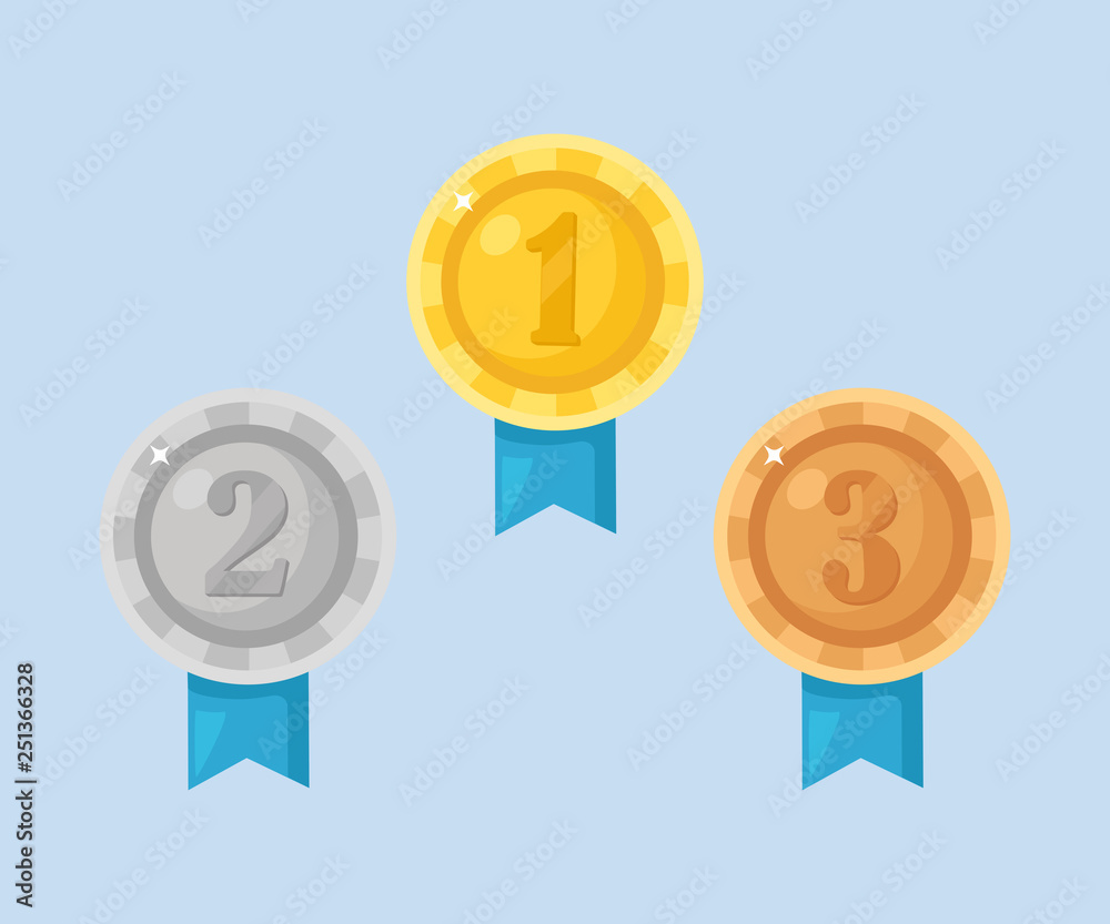 Set of gold, silver, bronze medal with ribbon for first place. Trophy, award for winner isolated on background. Golden badge with ribbon. Achievement, victory concept. Vector cartoon flat design Set of gold, silver, bronze medal with ribbon for first place. Trophy, award for winner isolated on background. Golden badge with ribbon. Achievement, victory concept. Vector cartoon flat design