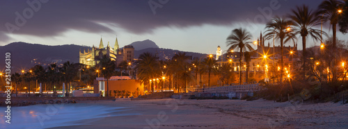 Palma de Mallorca - The panorama of beach of the city and the cathedral La Seu in the background.