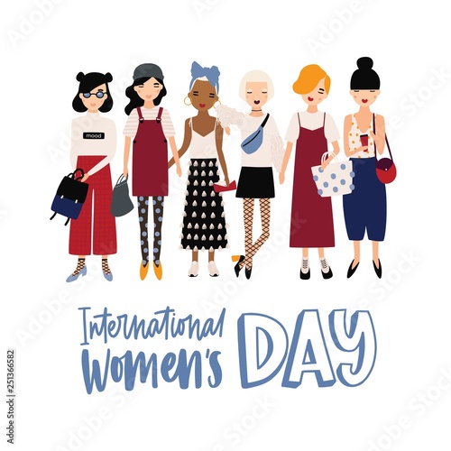 International Women's Day banner or postcard template with happy young hipste...