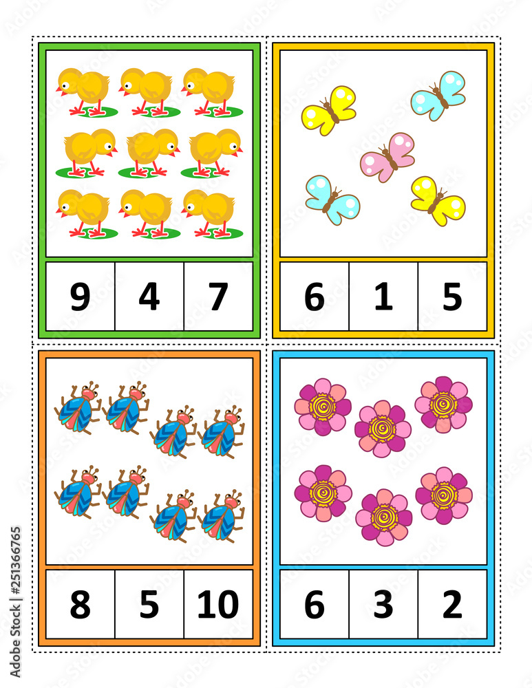 Spring season themed counting 1 to 10 practice for kids worksheet or four task cards (when cut along the dotted lines): Count. Circle the correct answer. - Language independent. Spring season themed counting 1 to 10 practice for kids worksheet or four task cards (when cut along the dotted lines): Count. Circle the correct answer. - Language independent.