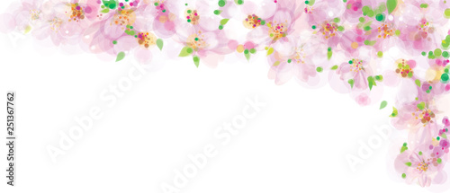 Vector pink, floral border, blossoming sakura tree, bokeh effect, isolated on white.