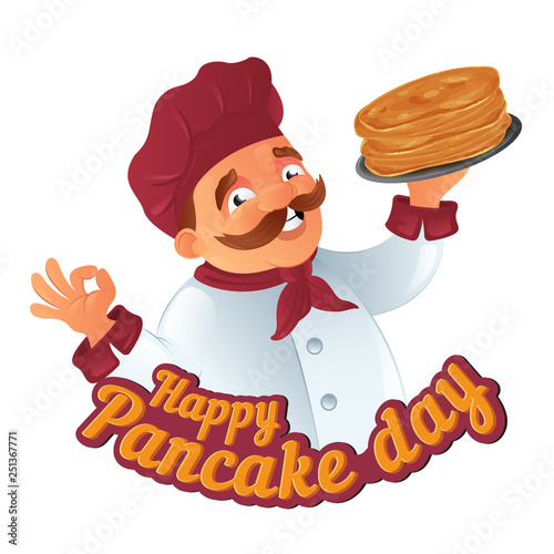 Vector Pancake Day funny illustration with cartoon mustachioed cooking chef in hat with griddle or plate to Happy Shrove Tuesday holiday isolated on white background Great for postcard and web banner