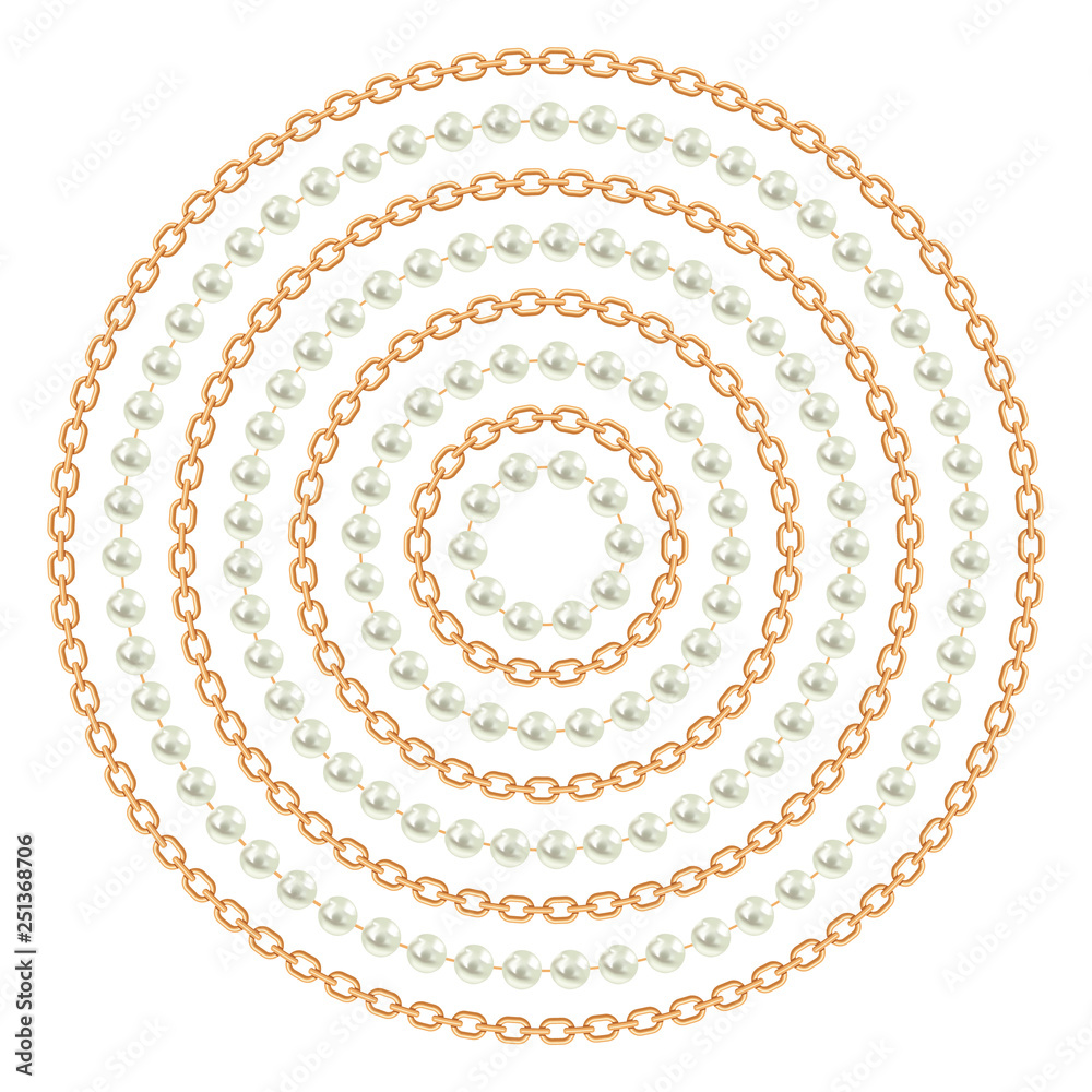 Round pattern made with golden chains and pearls. On white. Vector illustration