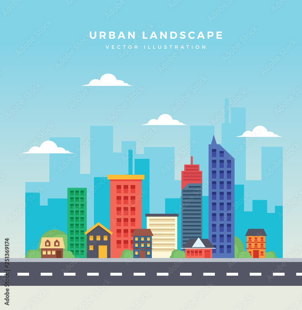 Urban landscape with high skyscrapers in flat design
