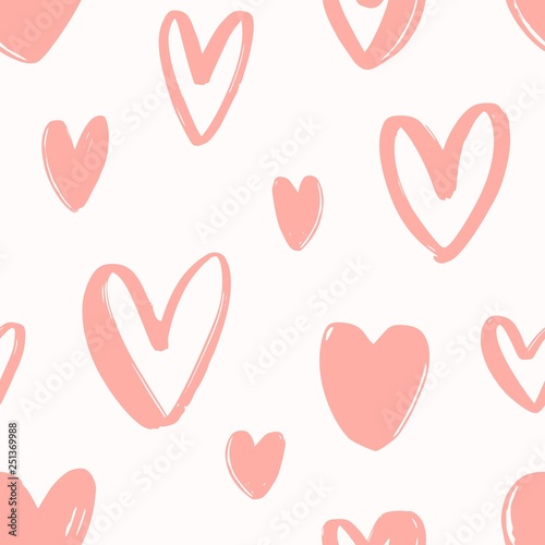 Seamless pattern with hand drawn pink hearts on white background
