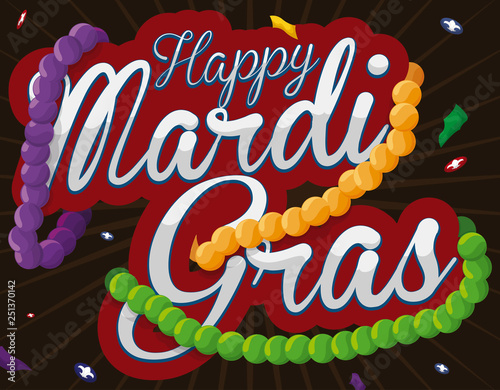 Necklaces Tangled in a Commemorative Mardi Gras Sign  Vector Illustration
