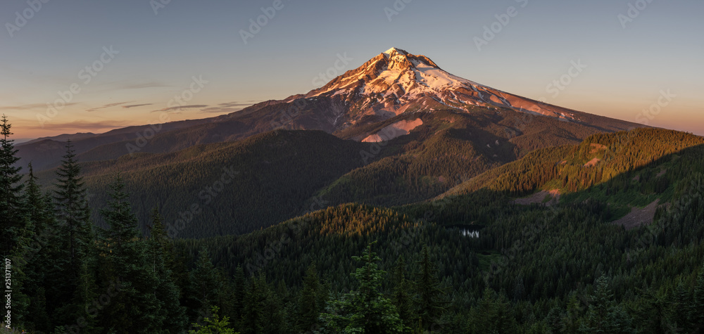 Mt Hood at sunset with Burnt Lake as viewed from the Zigzag Mountain Trial. Mt Hood WIlderness Area, Oregon.