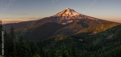 Mt Hood at sunset with Burnt Lake as viewed from the Zigzag Mountain Trial. Mt Hood WIlderness Area, Oregon.