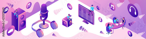 Isometric podcast horizontal banner, modern music radio show, audio blog concept, isometric 3d illustration, vector landing page template with people, microphone,violet sound studio interior