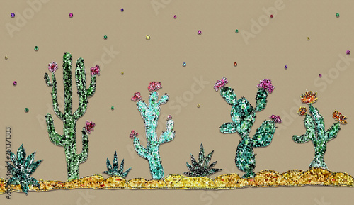 Wallpaper Mural Set with shiny sequins cacti and flowers on craft paper background. Torontodigital.ca