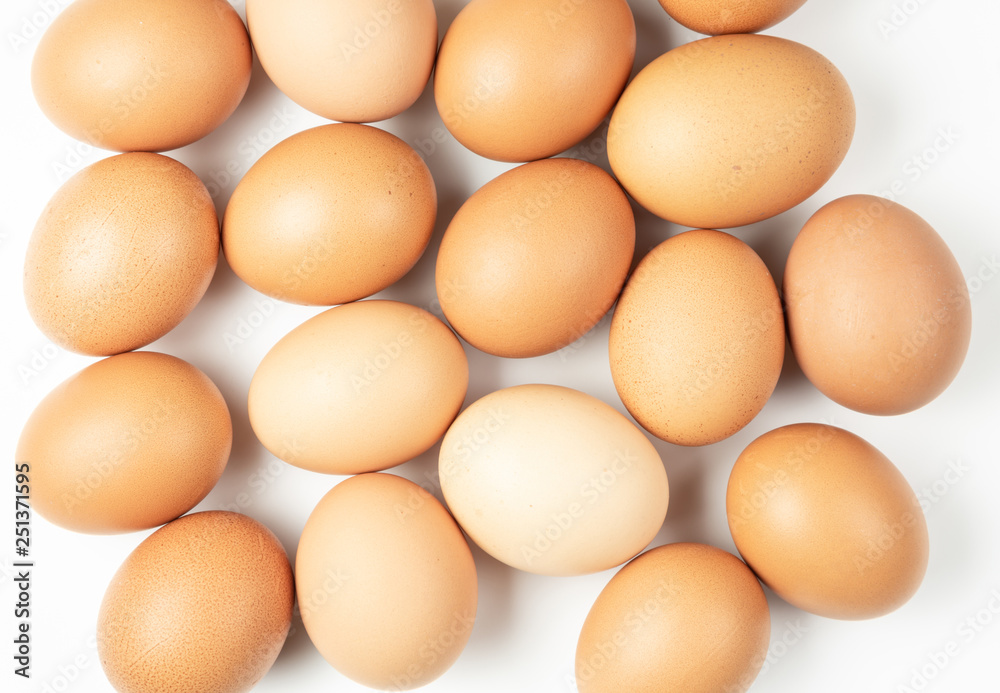 Chicken eggs on white background. Top view Chicken eggs on white background. Top view