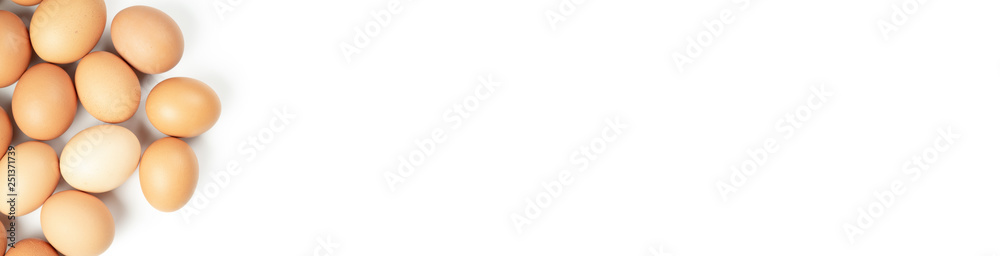 Banner of Chicken eggs on white background. Top view Banner of Chicken eggs on white background. Top view