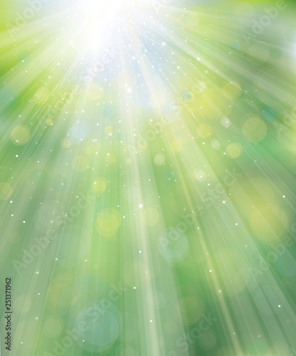 Vector green, spring  background with rays, stars and lights.
