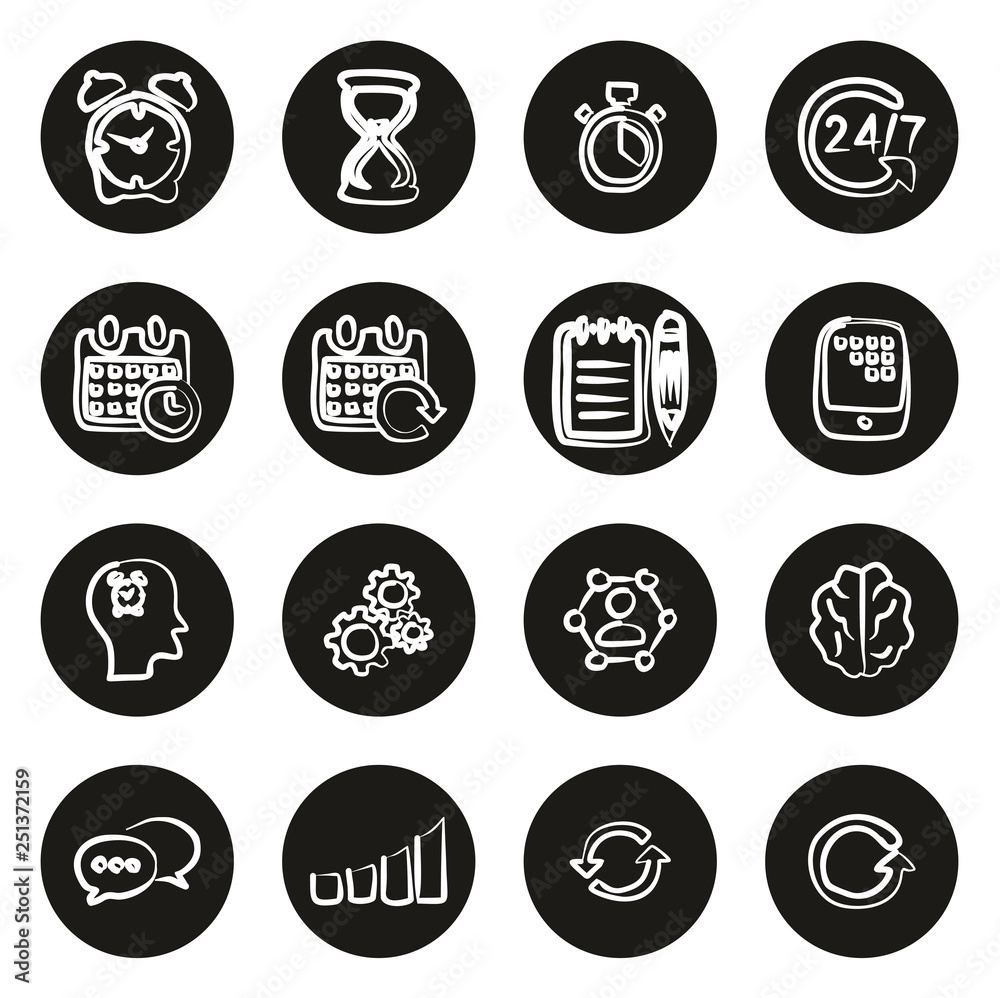 Time Management Icons Freehand White On Black Circle