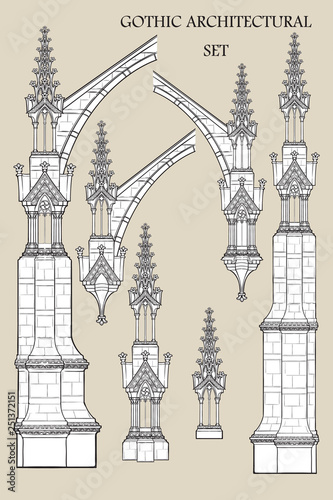 Set of the medieval gothic architectural elements. Flying buttresses, ornate towers. EPS10 vector illustration