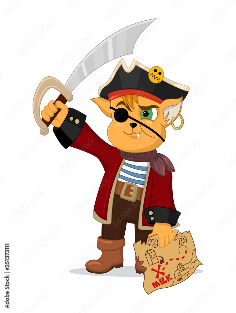 Vector illustration of funny cartoon cat pirate with a treasure map and a saber. Design for print, emblem, t-shirt, party decoration, sticker, mascot, logotype.