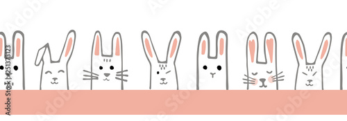 Seamless horizontal pattern with bunny faces. Rabbits Vector border or tape