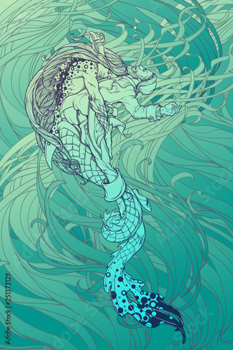 Triton saving a drowning fisherman. Gender reversed story about a little mermaid. Wavy Seaweed background. Concept illustration. EPS10 vector illustration