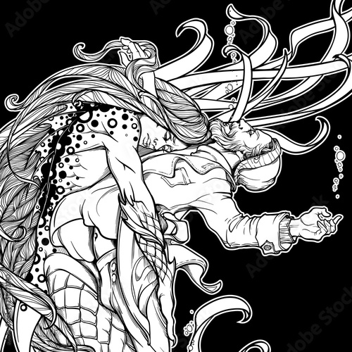 Triton saving a drowning fisherman. Gender reversed story about a little mermaid. Concept illustration. Black and white drawing isolated on black background. EPS10 vector illustration