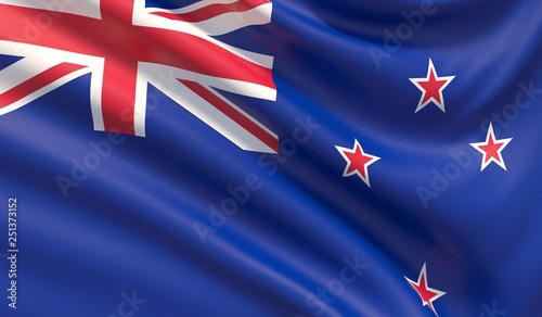 Flag of New Zealand. Waved highly detailed fabric texture. 3D illustration.
