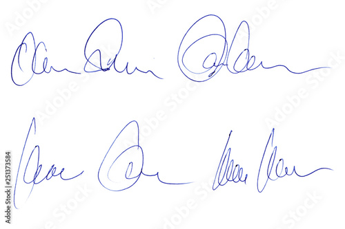 Handwritten signature concept of signed document with ballpoint pen isolated on white background of matt photographic paper