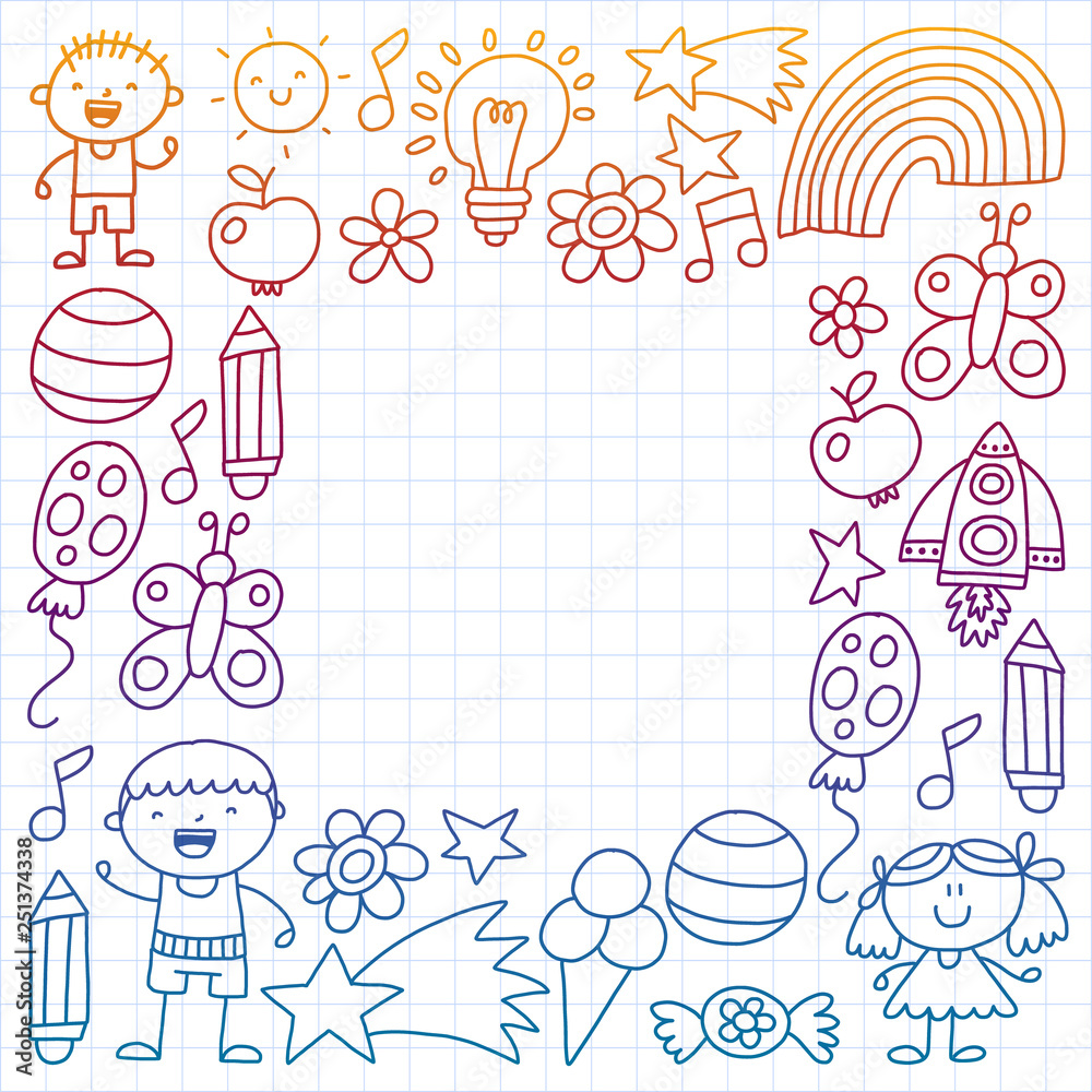 Fototapeta premium Children garden, Patern, Hand drawn children garden elements pattern, doodle illustration, Vector, illustration, Vertical,