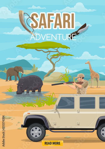 Safari adventure hunter and African animals