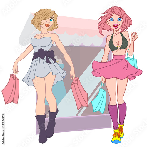 Set of fashion girls with bags in the store. Customer
