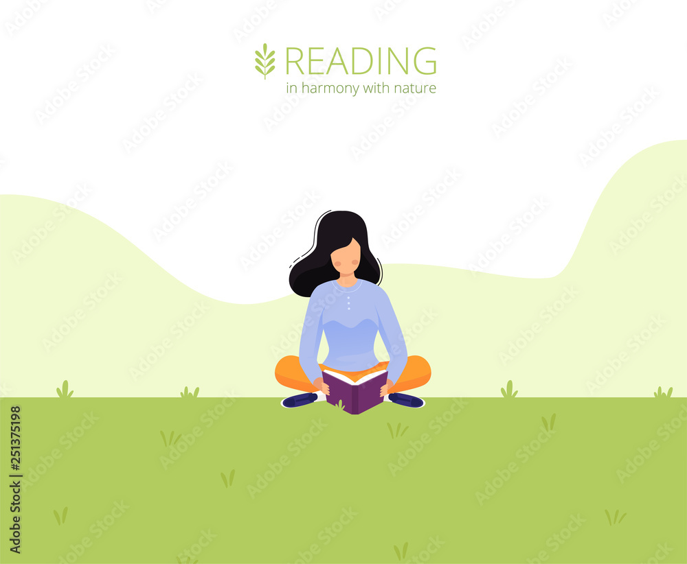 Web page design template. Girl reading a book on the lawn in the park. Reading in harmony with nature. Vector illustration