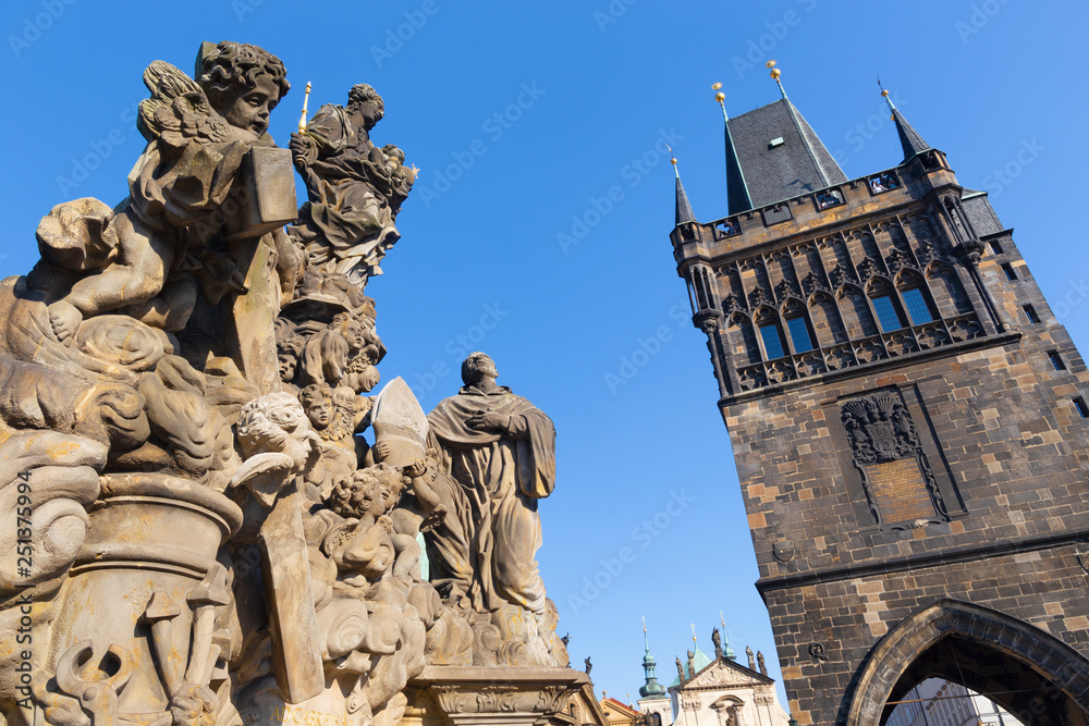 Prague - The gothic tower of Charles bridge with the baroque staue of Madonna and St. Bernard and Christ originaly by MatÄ›j VÃ¡clav JÃ¤ckel, (1709).