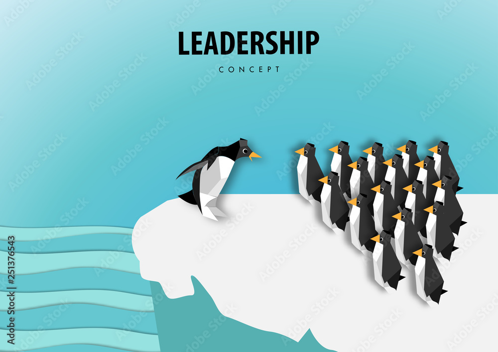 Obraz premium Leadership concept with leader of penguins standing on ice ,origami or paper art design vector