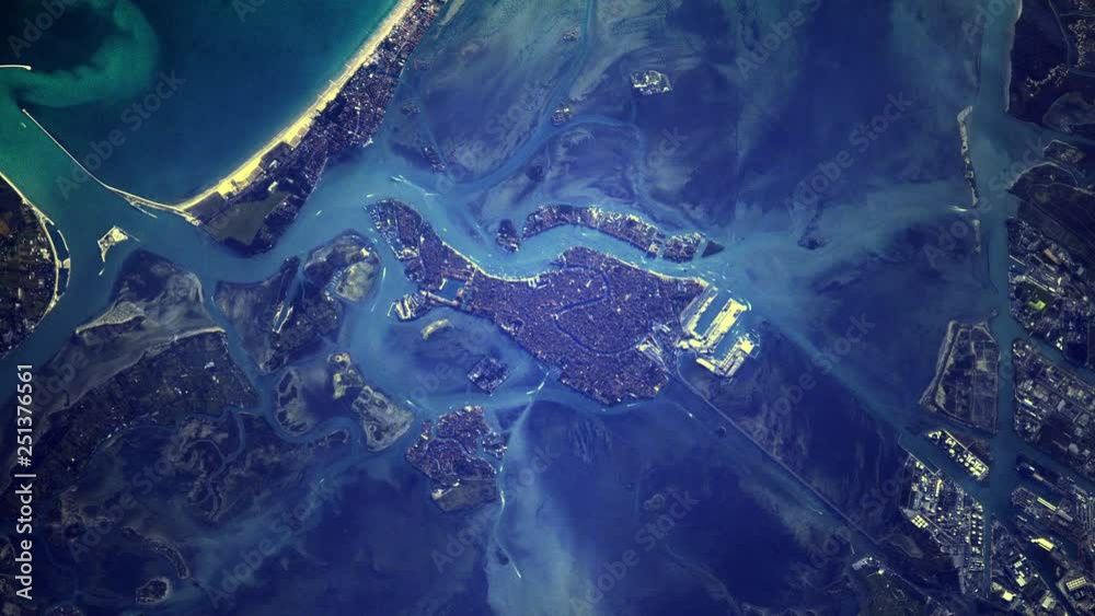 Venice Italy aerial satellite view night to day sunrise animation. Contains public domain image by Nasa