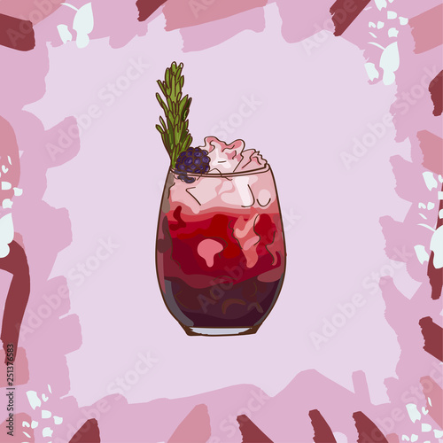 Bramble cocktail illustration. Alcoholic classic bar drink hand drawn vector. Pop art